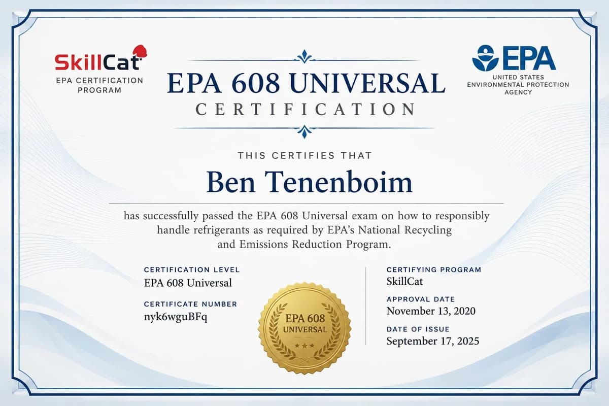 EPA 608 Universal certification certificate issued to Ben Tenenboim through SkillCat