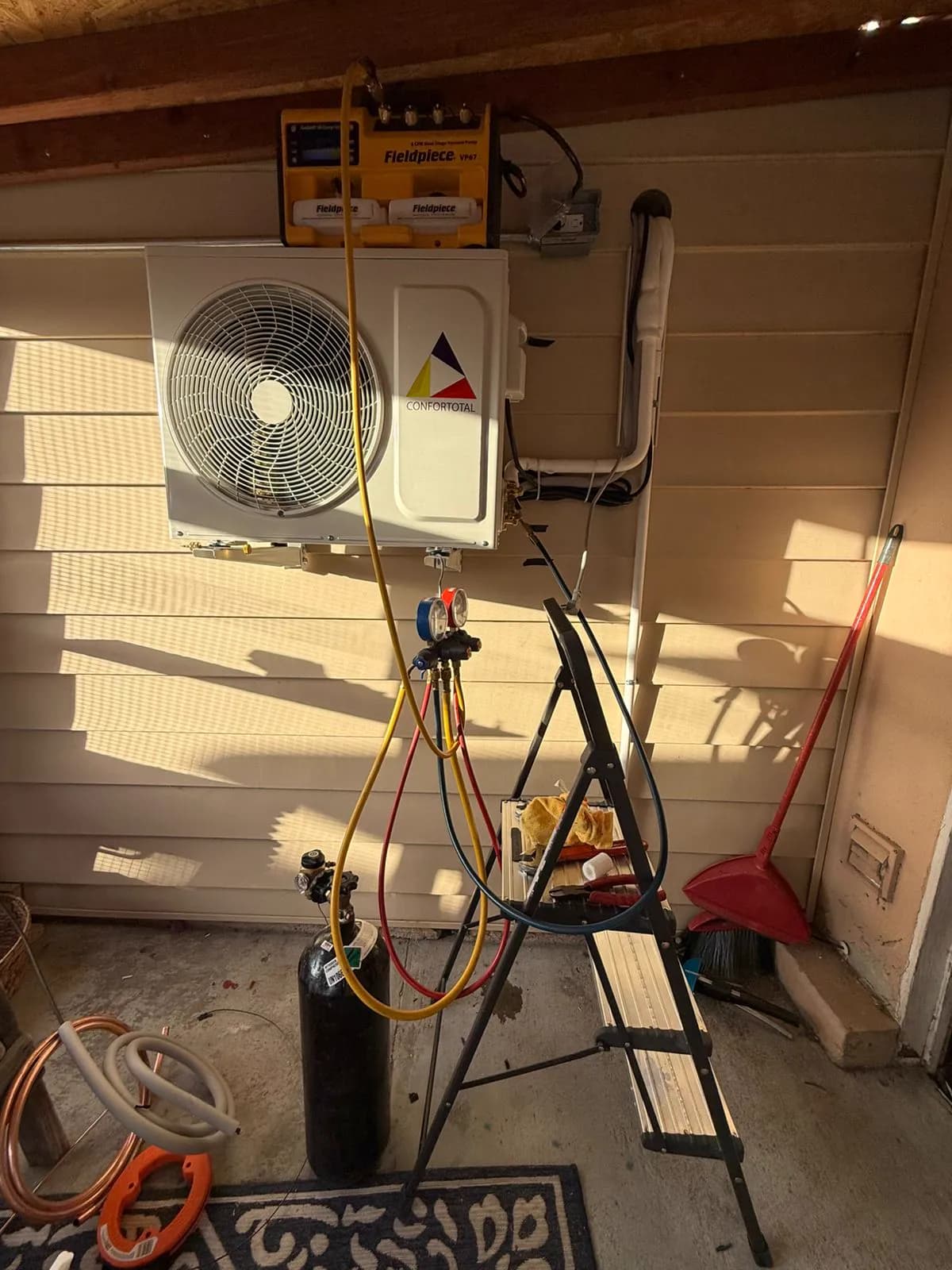 Ductless mini-split outdoor unit with a gauge set hooked up during service