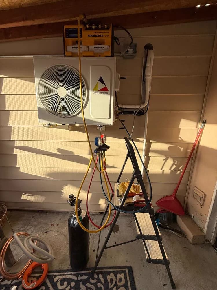 Mini-split outdoor unit with gauges connected on a service call