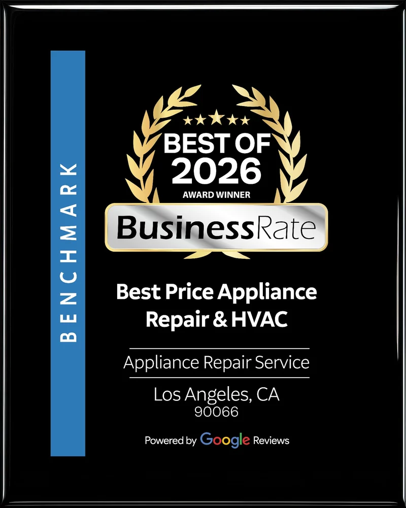 BusinessRate Best of 2026 award winner plaque: Appliance Repair Service, Los Angeles, powered by Google Reviews